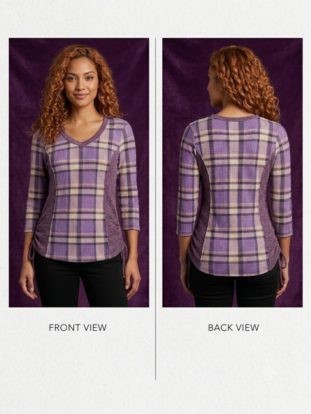 Cato Purple Plaid V-Neck Cozy Knit Sweater 3/4 Sleeves S 12